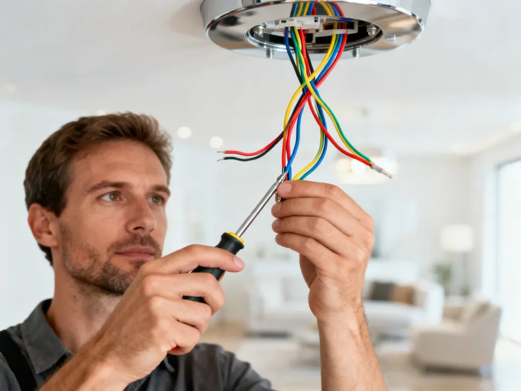 Mężczyzna za pomocą śrubokręta łączy kolorowe przewody elektryczne w nowoczesnej lampie sufitowej.