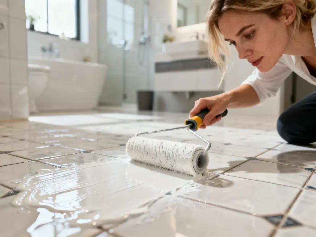 Kobieta maluje białą farbą ceramiczne płytki podłogowe w nowoczesnej łazience przy użyciu wałka.