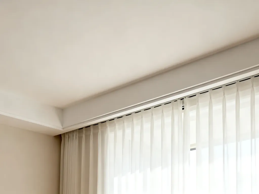 Nowoczesny salon z sufitem podwieszanym i wnęką na karnisz, z której zwisają eleganckie, białe zasłony.