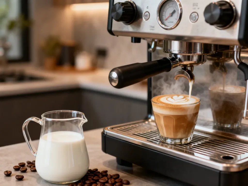 Profesjonalny ekspres nalewający spienione mleko do szklanki z latte art, obok dzbanek z mlekiem i ziarna kawy.