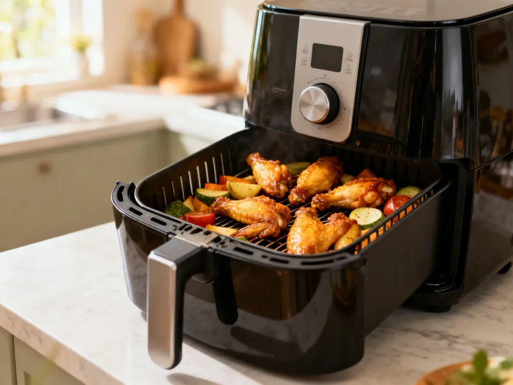 Otwarte urządzenie typu air fryer z chrupiącymi skrzydełkami kurczaka i pieczonymi warzywami w środku.