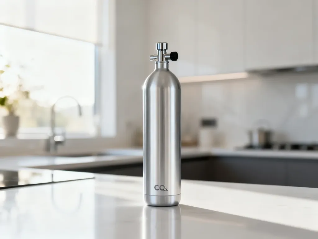 Srebrny nabój z gazem CO2 do saturatora SodaStream ustawiony na czystym blacie kuchennym w nowoczesnej kuchni.