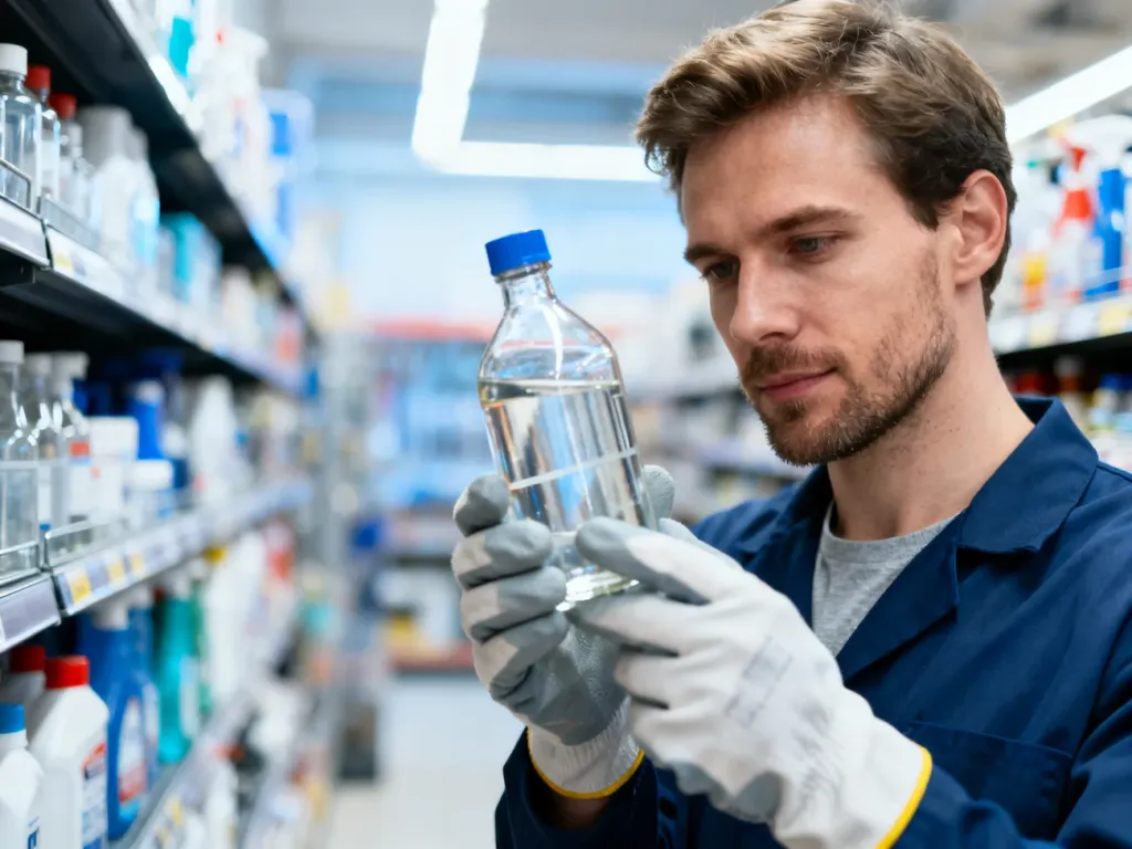 Mężczyzna w rękawicach ochronnych trzyma butelkę z płynnym środkiem chemicznym w alejce sklepu budowlanego.