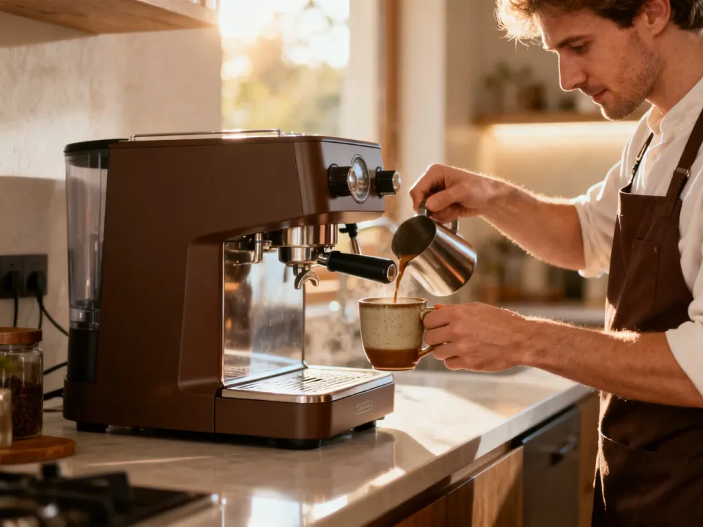 Barista przygotowuje świeżą kawę w nowoczesnym ekspresie Krups w przytulnej, słonecznej kuchni.